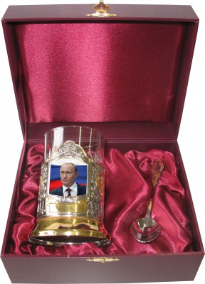 Набор позолоченный с цветным логотипом Путин в футляре (лёжа)